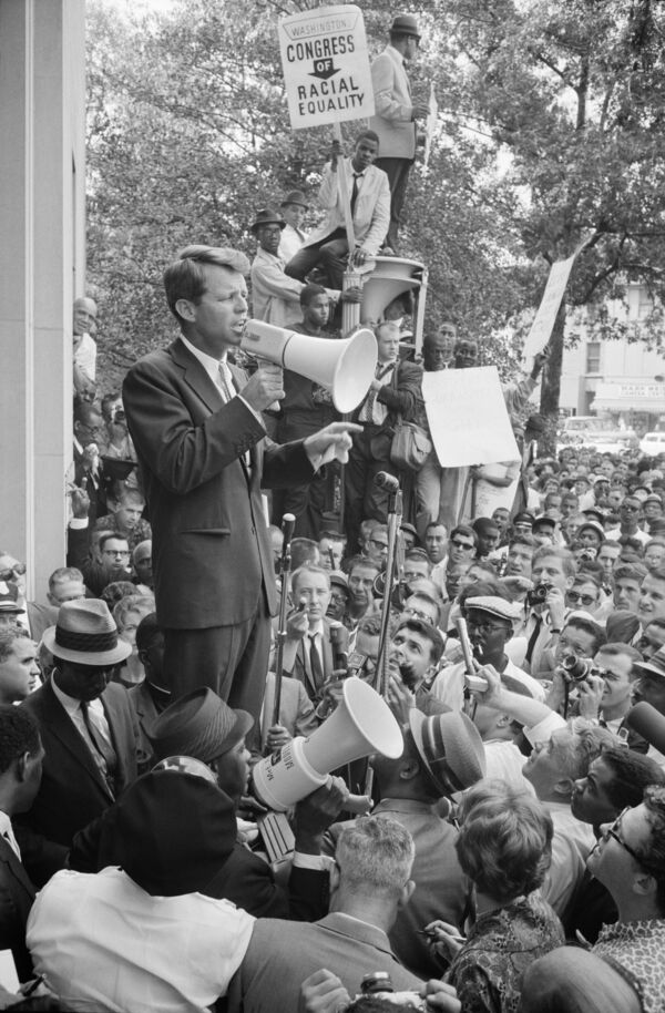 Robert Kennedy CORE Rally Speech. This image is available from the United States  <a target='_blank' href='https://www.loc.gov/rr/print/'>Library of Congress's Prints and Photographs division</a> under the digital ID <a target='_blank' href='http://hdl.loc.gov/loc.pnp/ppmsca.04295'>ppmsca.04295</a>.