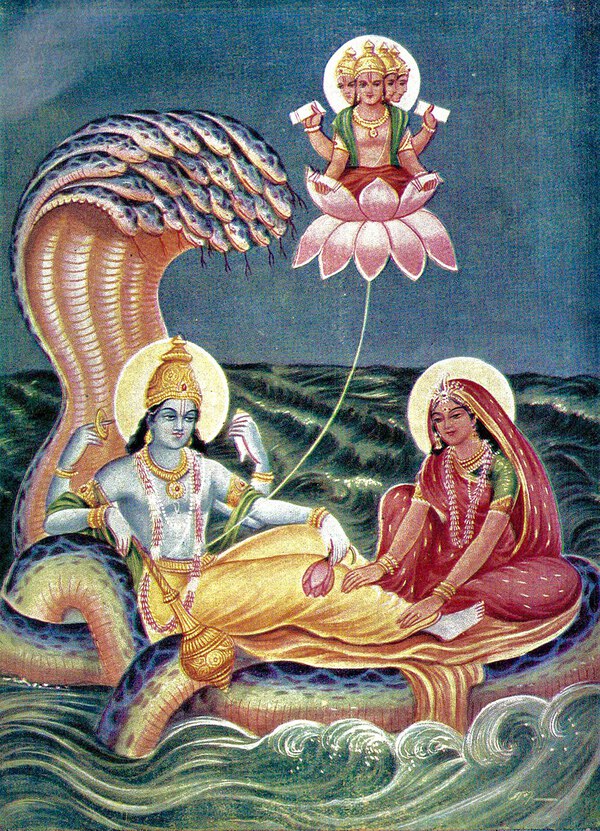 Birth of Brahmā. Ramanarayanadatta Sastri, Public domain, via Wikimedia Commons.